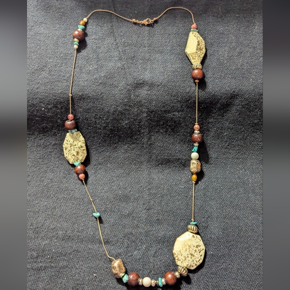 Brass Tone Yellow Blue Brown Beaded Long Statement Necklace